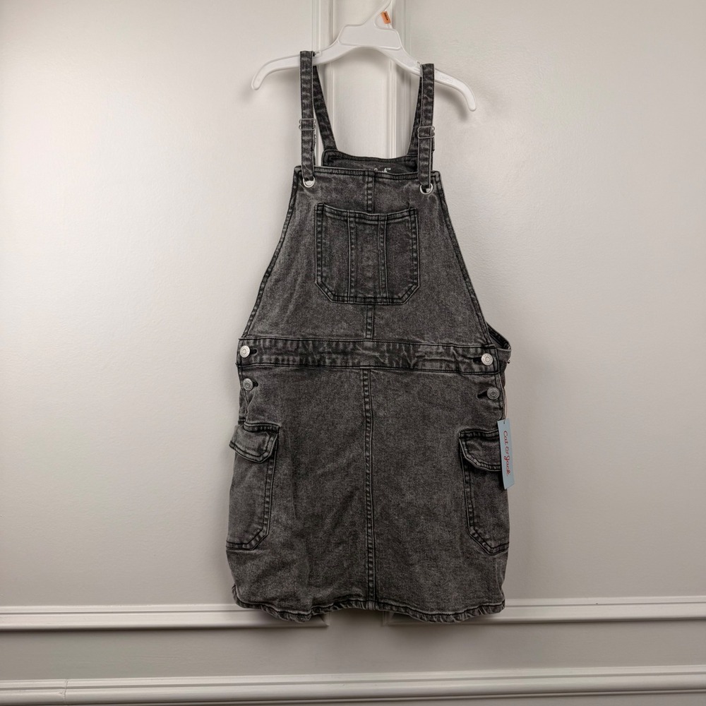 Cat & Jack Girls Grey Acid Wash Denim Cargo Pinafore Dress Size L 10/12 NWT